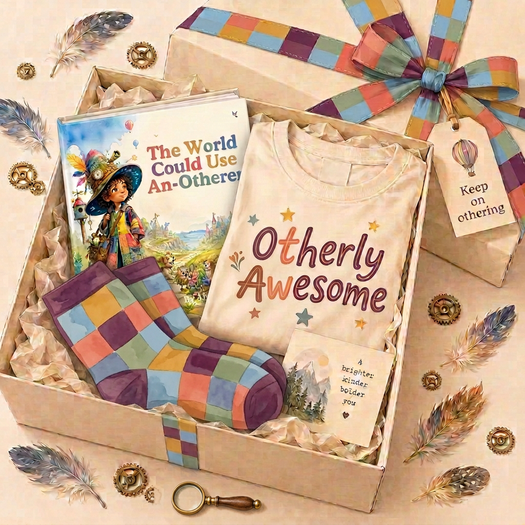 Gift box with the book, an Otherly Awesome t-shirt, Otherly Amazing socks and a magnifying glass
